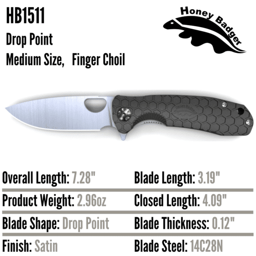 Drop Point Flipper Medium Black 14C28N (HB1511) Honey Badger Knives Pocket Knives