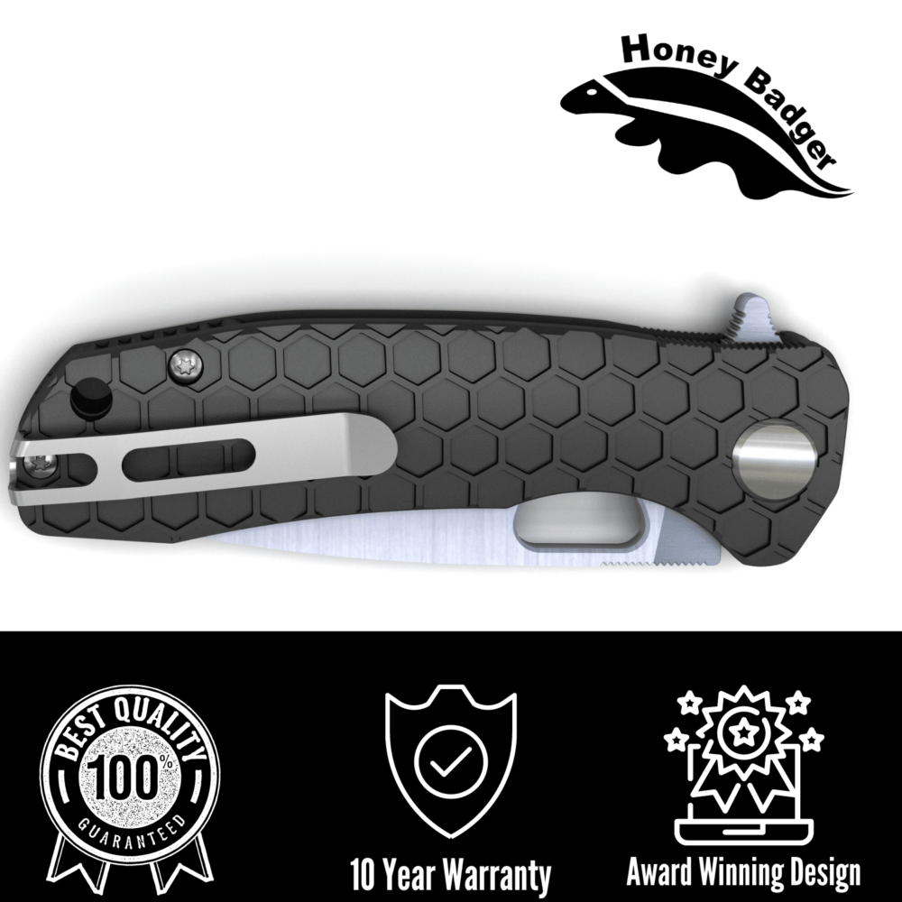 Drop Point Flipper Medium Black 14C28N (HB1511) Honey Badger Knives Pocket Knives