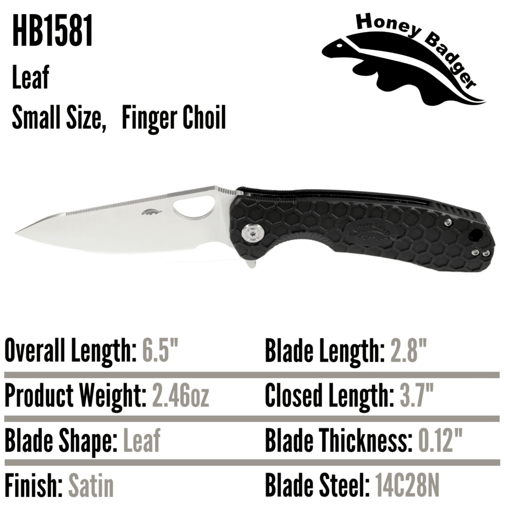Leaf  Small Black 14C28N (HB1581) Honey Badger Knives Pocket Knives