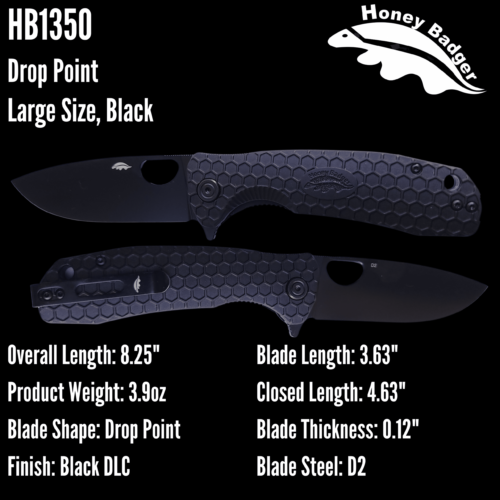 Drop Point Flipper Large Black D2 – Black DLC Blade (HB1350) Honey Badger Knives Pocket Knives
