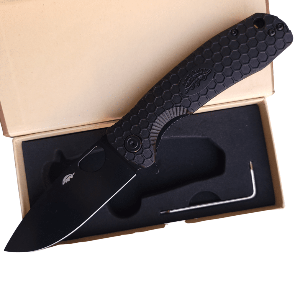 Drop Point Flipper Large Black D2 – Black DLC Blade (HB1350) Honey Badger Knives Pocket Knives