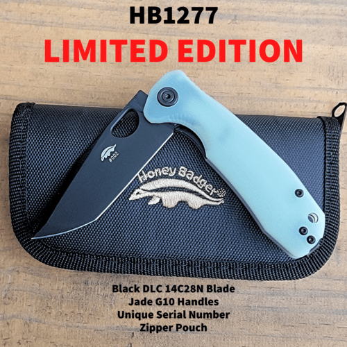 Limited Edition Tanto Medium Black DLC 14C28N Blade, G10 Jade Handles, Numbered (HB1277) Honey Badger Knives Pocket Knives