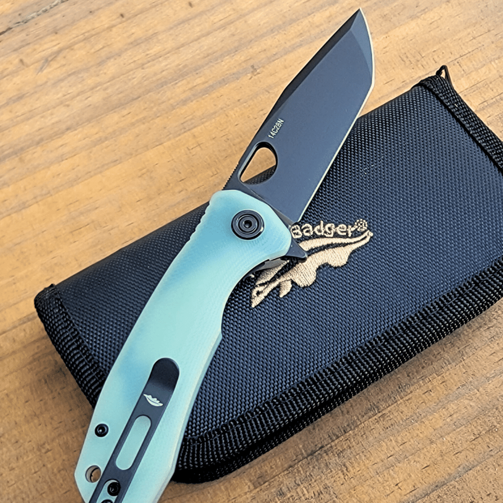 Limited Edition Tanto Medium Black DLC 14C28N Blade, G10 Jade Handles, Numbered (HB1277) Honey Badger Knives Pocket Knives