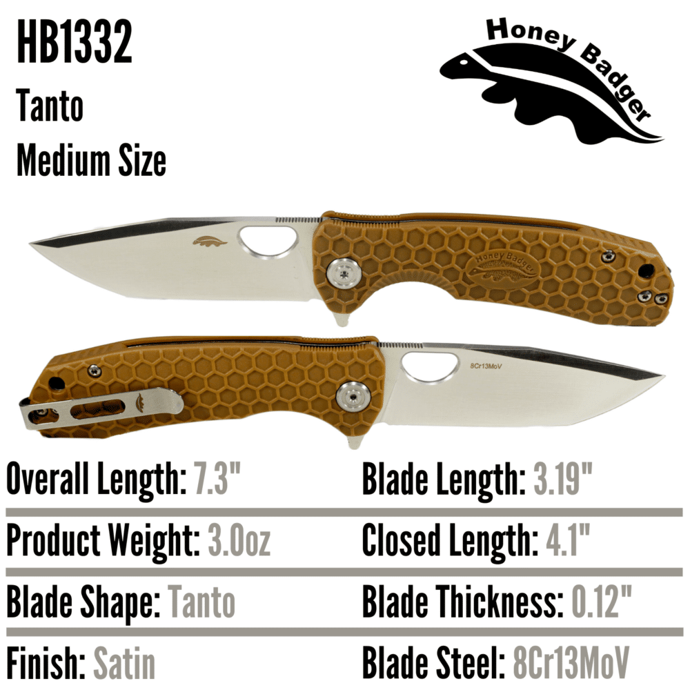Tanto  Medium Tan 8Cr13MoV (HB1332) Honey Badger Knives Pocket Knives