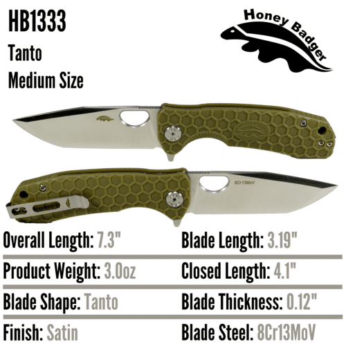 Tanto  Medium Green 8Cr13MoV (HB1333) Honey Badger Knives Pocket Knives