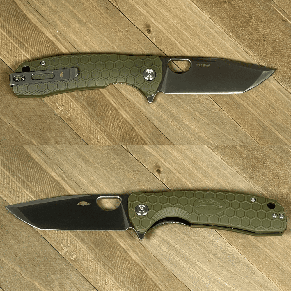 Tanto Medium Green 8Cr13MoV (HB1333) Honey Badger Pocket Knives. 8Cr13MoV,  D2, 14C28N Budget EDC Flipper Pocket Knife with Pocket Clips