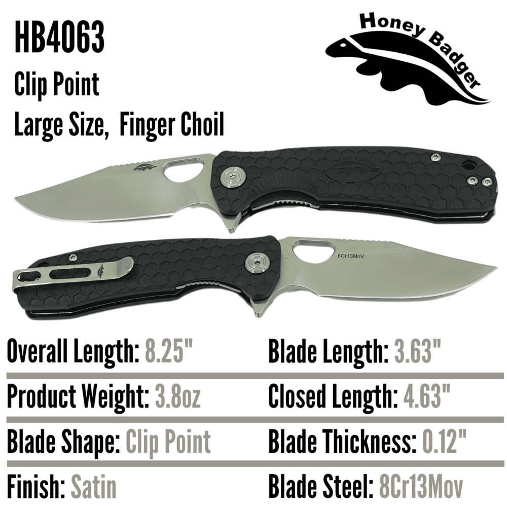 Clip Point Flipper Large Black 8Cr13MoV (HB4063) Honey Badger Knives Pocket Knives