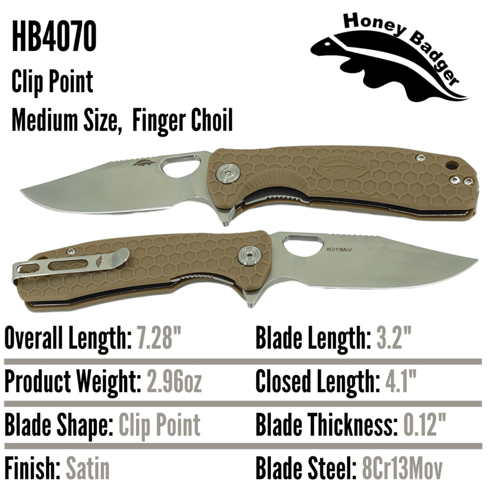 Clip Point Flipper Medium Tan 8Cr13MoV (HB4070) Honey Badger Knives Pocket Knives