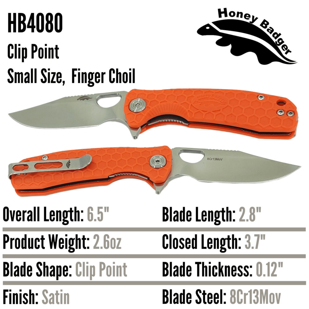 Clip Point Flipper Small Orange 8Cr13MoV (HB4080) Honey Badger Knives Pocket Knives